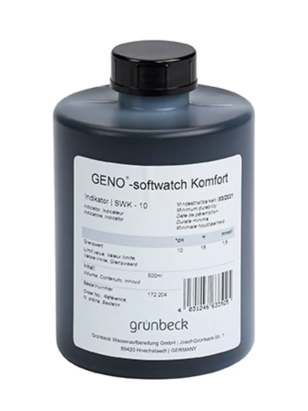 Grünbeck Indikatorflasche mit schwarzem Deckel und weißem Etikett. Flüssigkeit in der Flasche ist blau, mit Angaben zu Gebrauch, Inhalt und Sicherheitsinformationen.